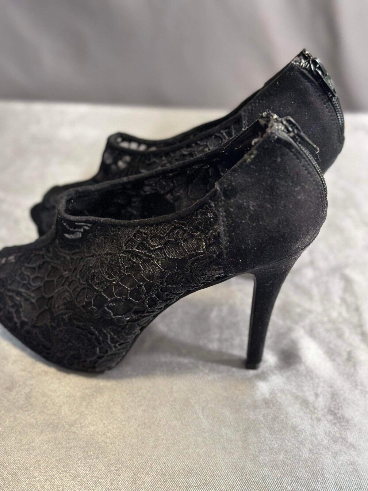 ELLE Women BLACK Suede & Lace Zip Back Open Toe High Pumps Shoes Sz 9 WCLTH