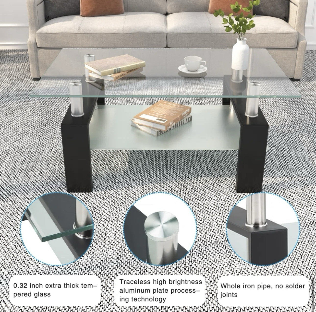 2-Tier Glass Coffee Table Living Room w/ Storage Shelves Tea Table Living Room