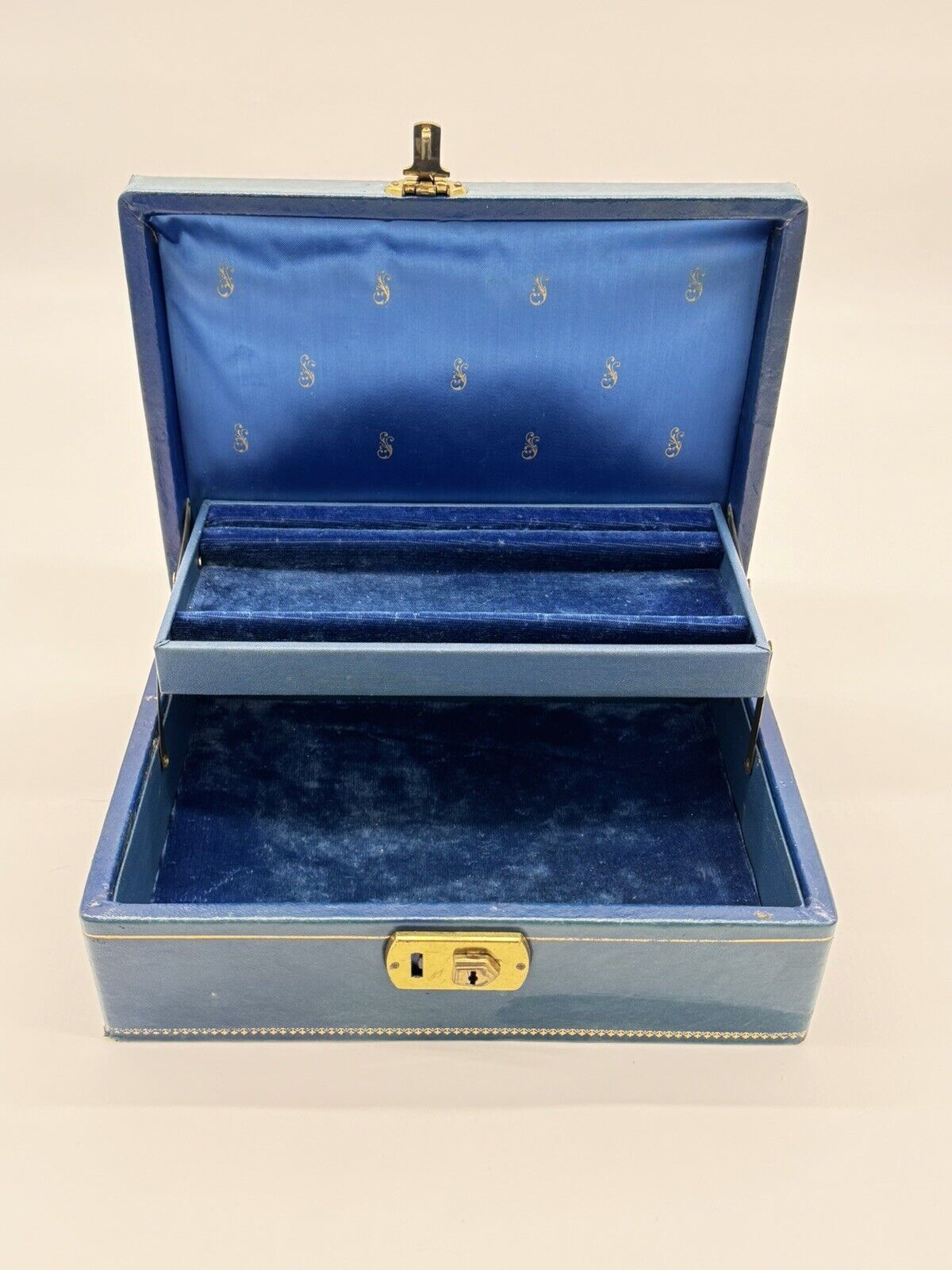 Blue Vintage Jewelry Box - Brass Latch - Leatherette Exterior - Velvet Interior