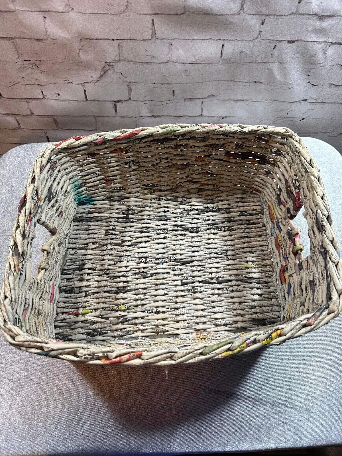 Basket Made from Chinese Newspapers with Integrated Handles, 12" x 9” x 5” TNO
