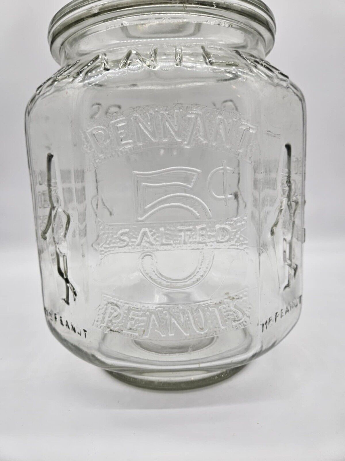 VTG Planters Mr Peanut Large Glass Jar Pennant 5 Cents Embossed 12” Tall 1970s