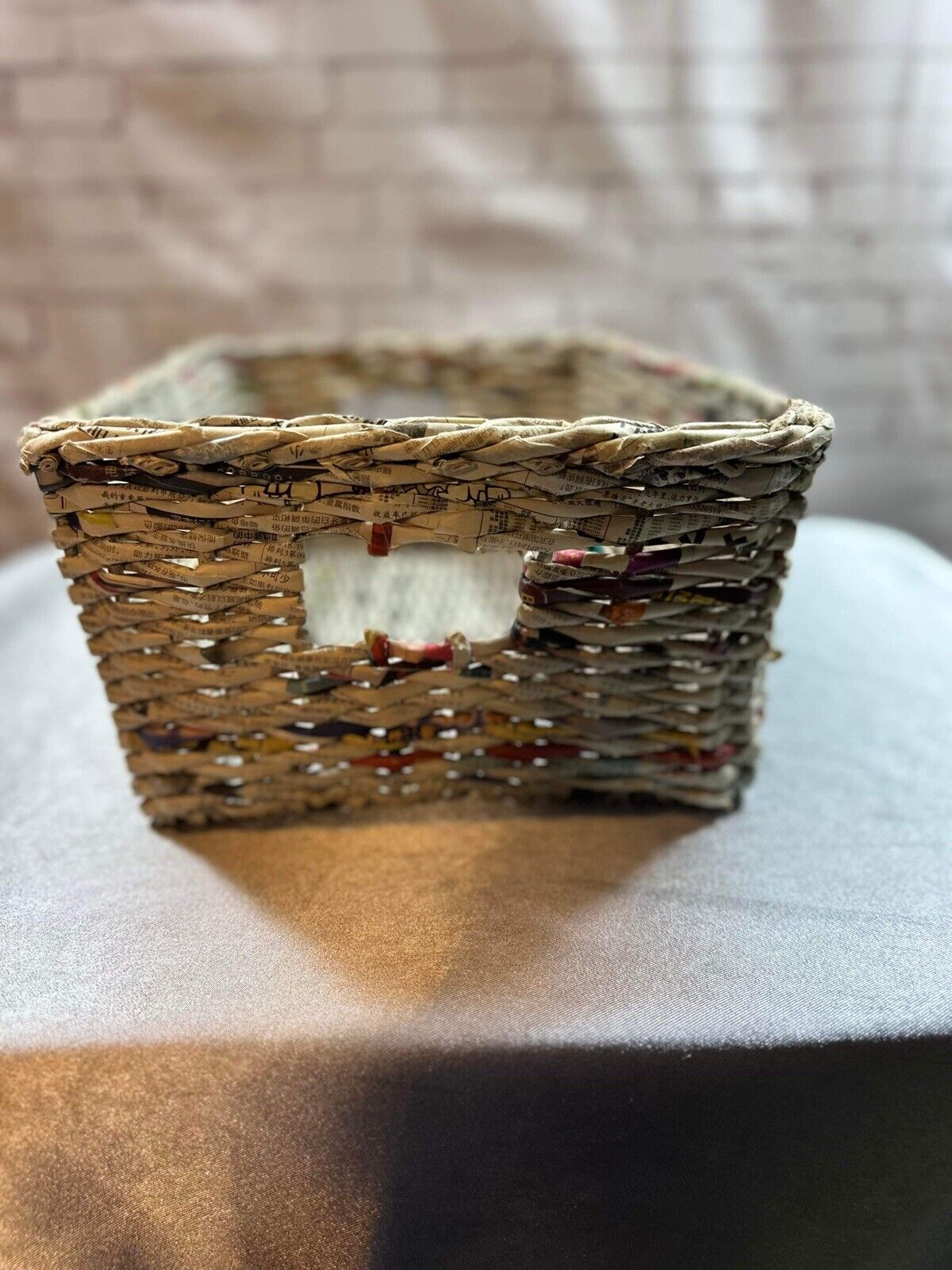 Basket Made from Chinese Newspapers with Integrated Handles, 12" x 9” x 5” TNO