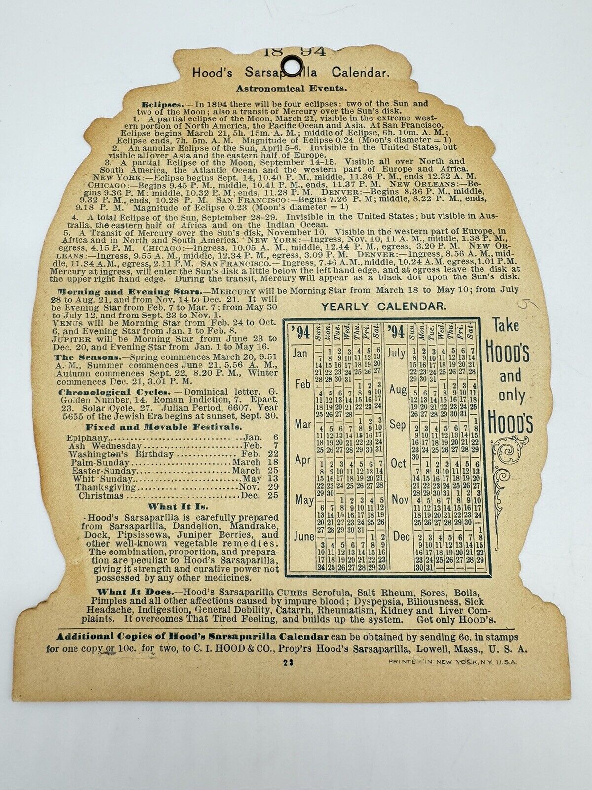 1894 Hood’s Sarsaparilla Calendar Victorian advertising Sweet Sixteen Girl AD