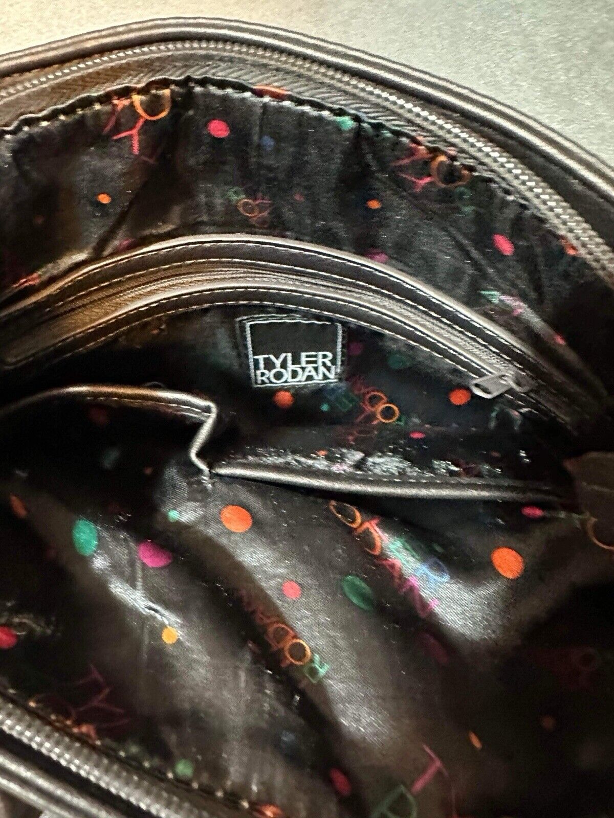 Tyler Rodan Cross Body Purse Brown with cute colorful inside JWL