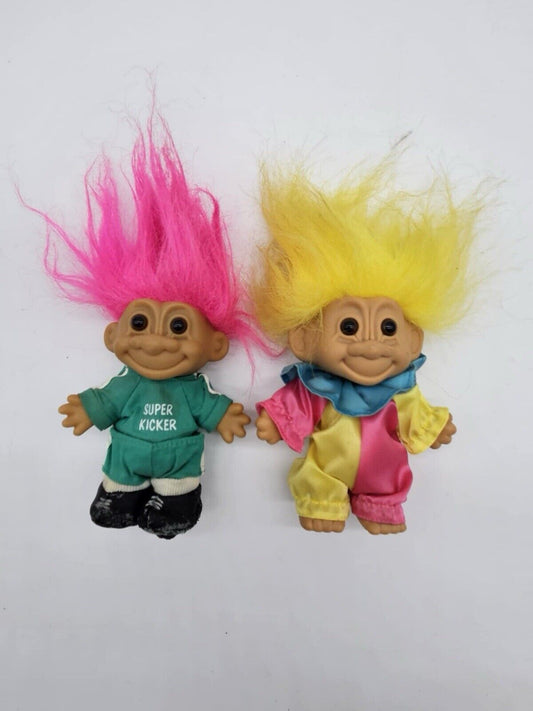 Vintage RUSS 4" Troll Doll Set of 2 Clown & Super Kicker Soccer Player 1980s
