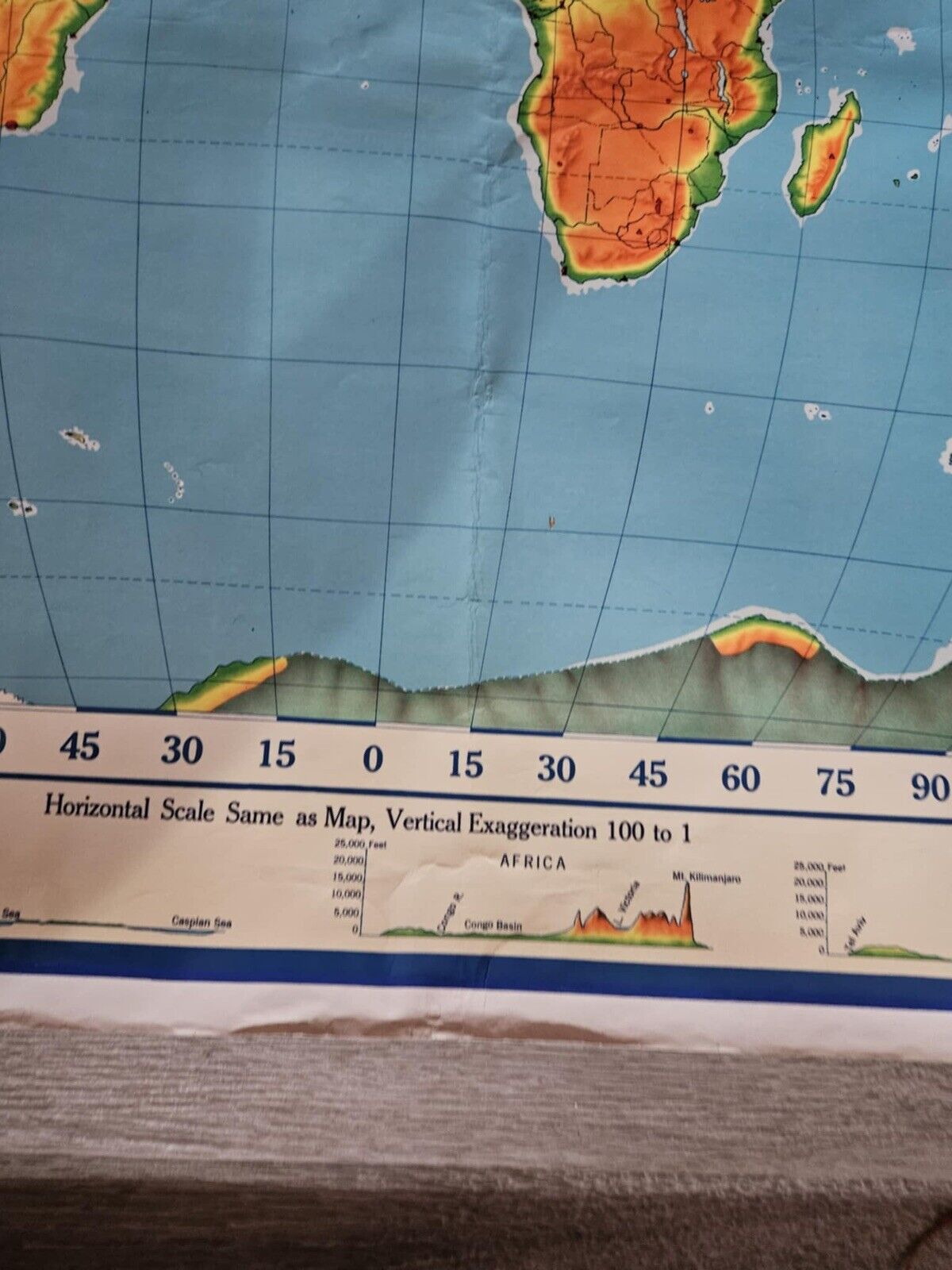 1960 A.J. Nystrom Pictorial Relief Map of the World with merging colors PR98