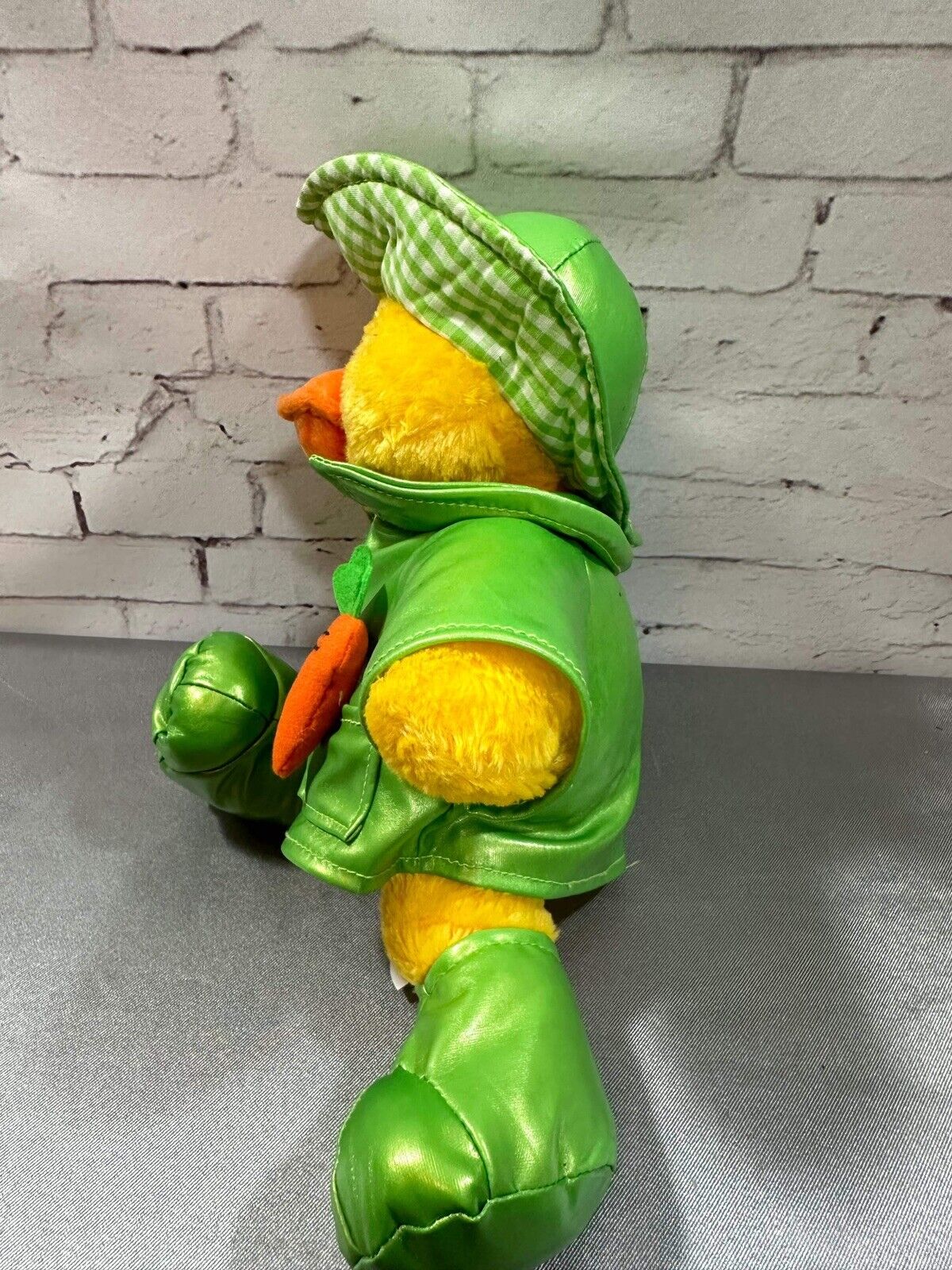 Cute Little Vintage Plush Duck In Green Raincoat W/ With Carot in Pocket VTY