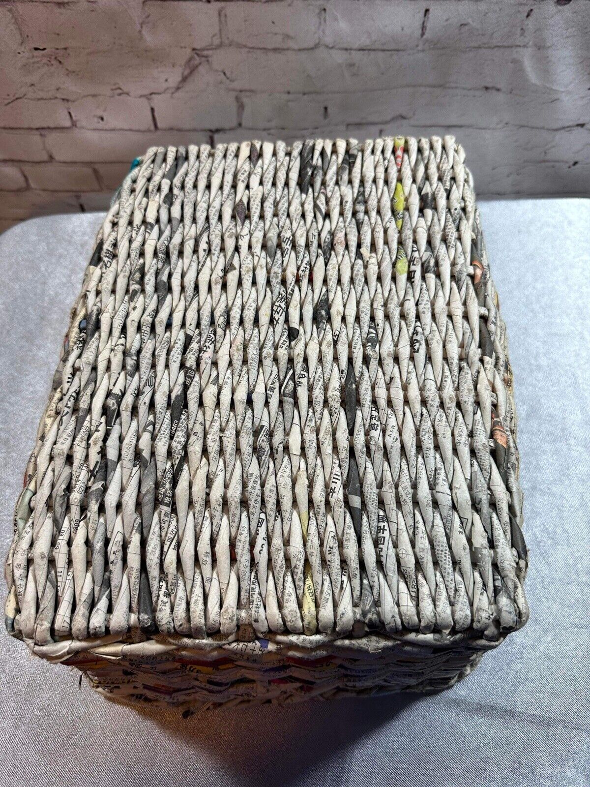 Basket Made from Chinese Newspapers with Integrated Handles, 12" x 9” x 5” TNO