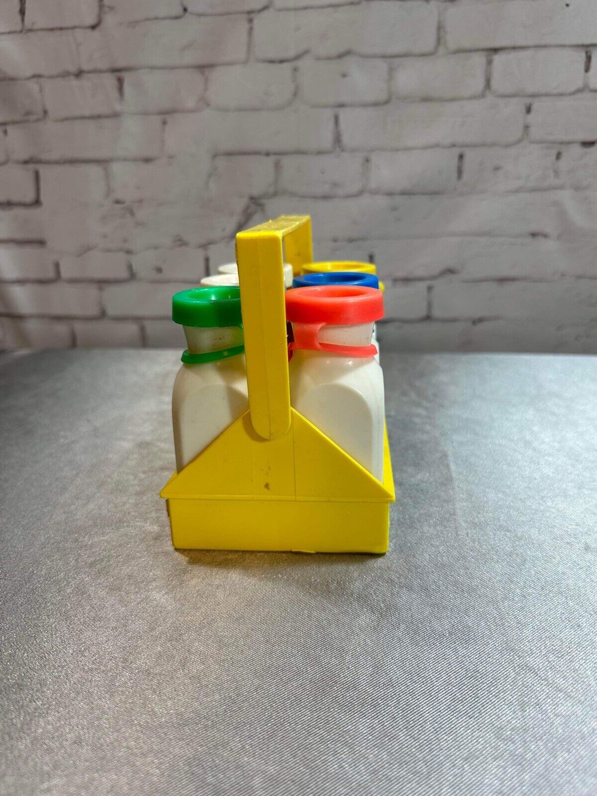 1970's Vintage Fisher Price 6 Milk Bottles with Caps and Carrier Toy #637 VTY