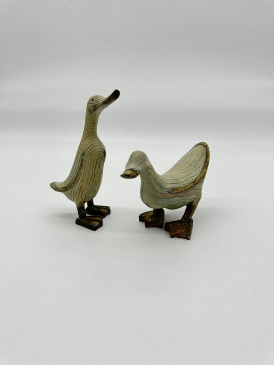 WOOD LOOK DUCKS Set MOTHER & BABY DUCK/ LOOKING DUCK Transpac 12" Decor