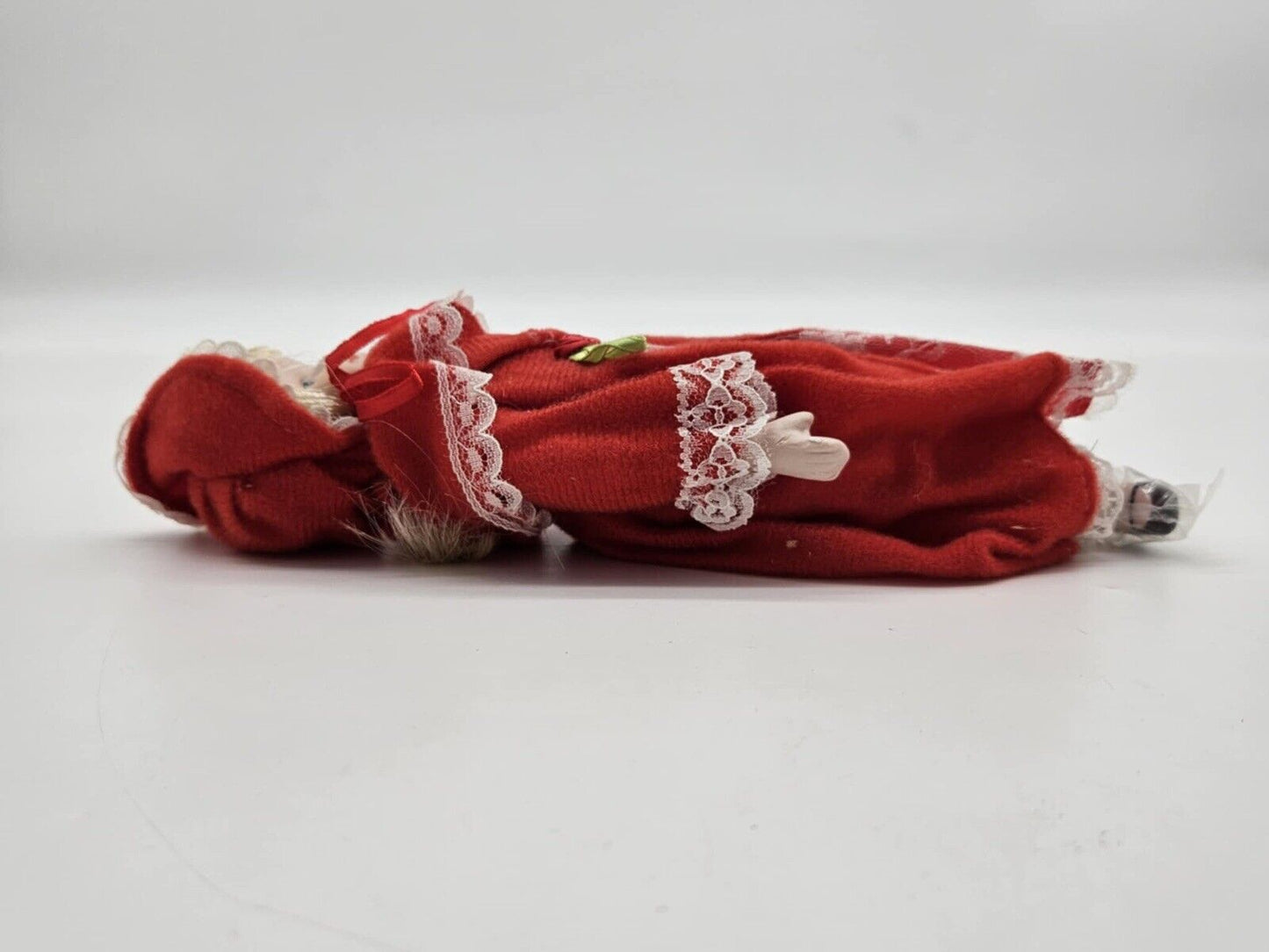 Bisque Porcelain 9" Doll Wearing Red Dress W/Shawl & Hat Black Painted On Shoes