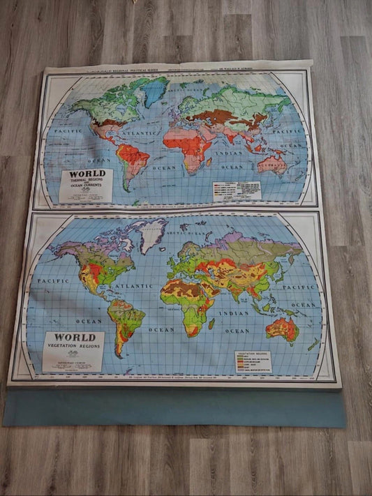 A.J. Nystrom & Co 60's Map Temperature & Vegetation World Map No.2 Pull Down 55"