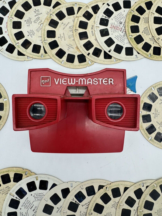 1950s Vintage GAF View-Master Red/White Viewer w/ 36 RARE Reels VTY FNF