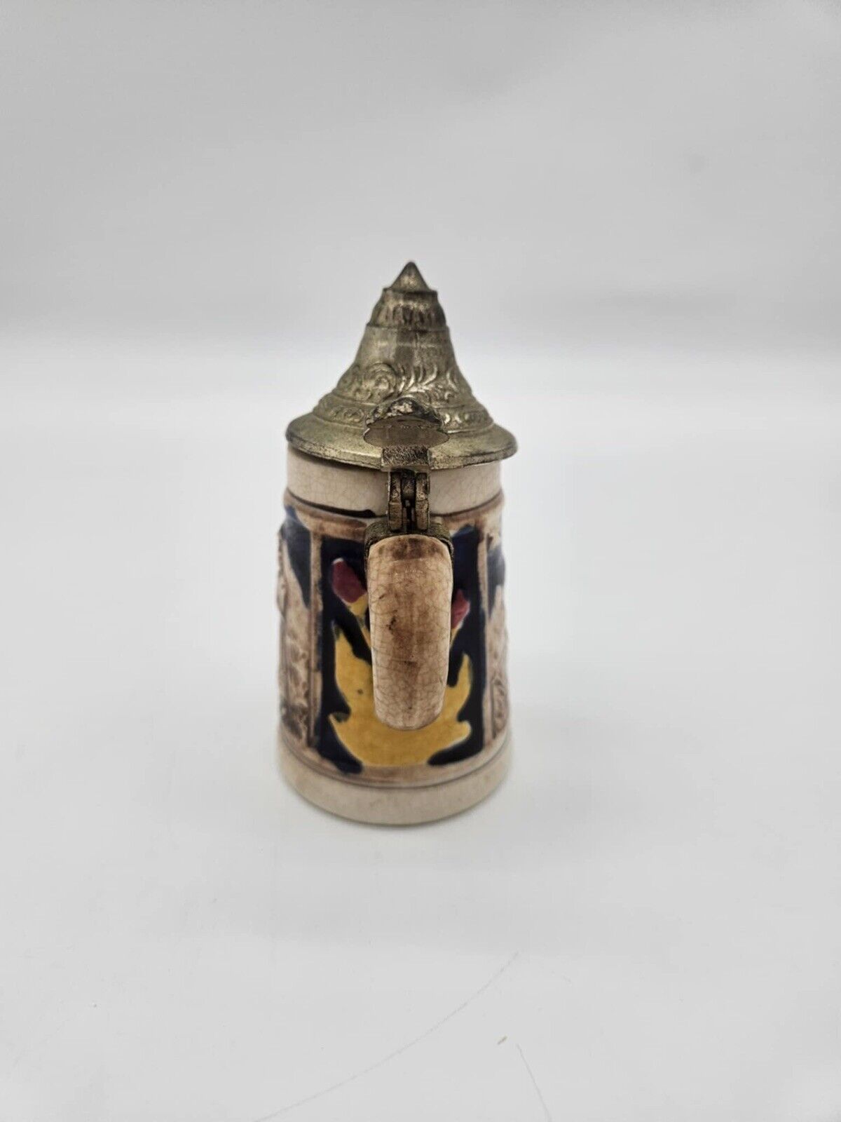 Vintage W Germany Farewell Scene Hand Painted Beer Stein Pewter Lid 4x5”