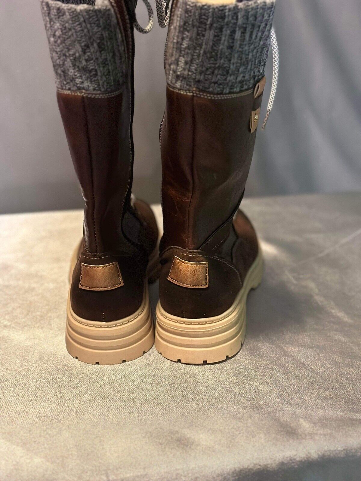 2024 Women's Low-Heeled Mid Calf Boots Round Toe Fox Leather Brown WCLTH