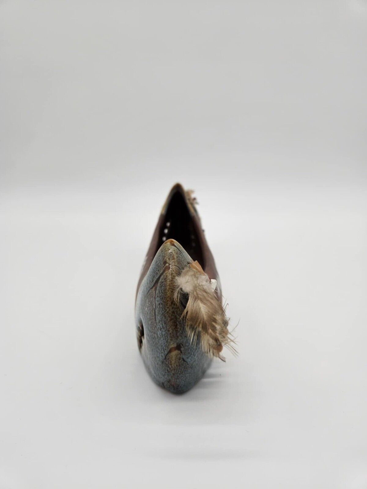 Vintage Navajo Art Hand Painted Cly Canoe w/ Feathers