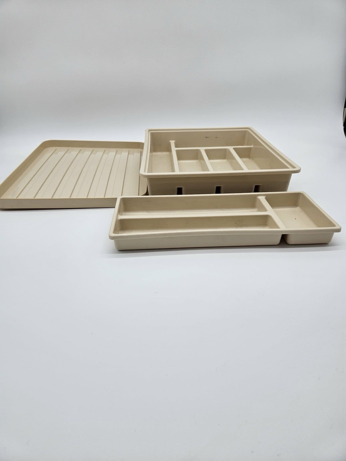 Vintage Beige Plastic Drawer Organizer Set Modular Desk Kitchen Utensil Tray