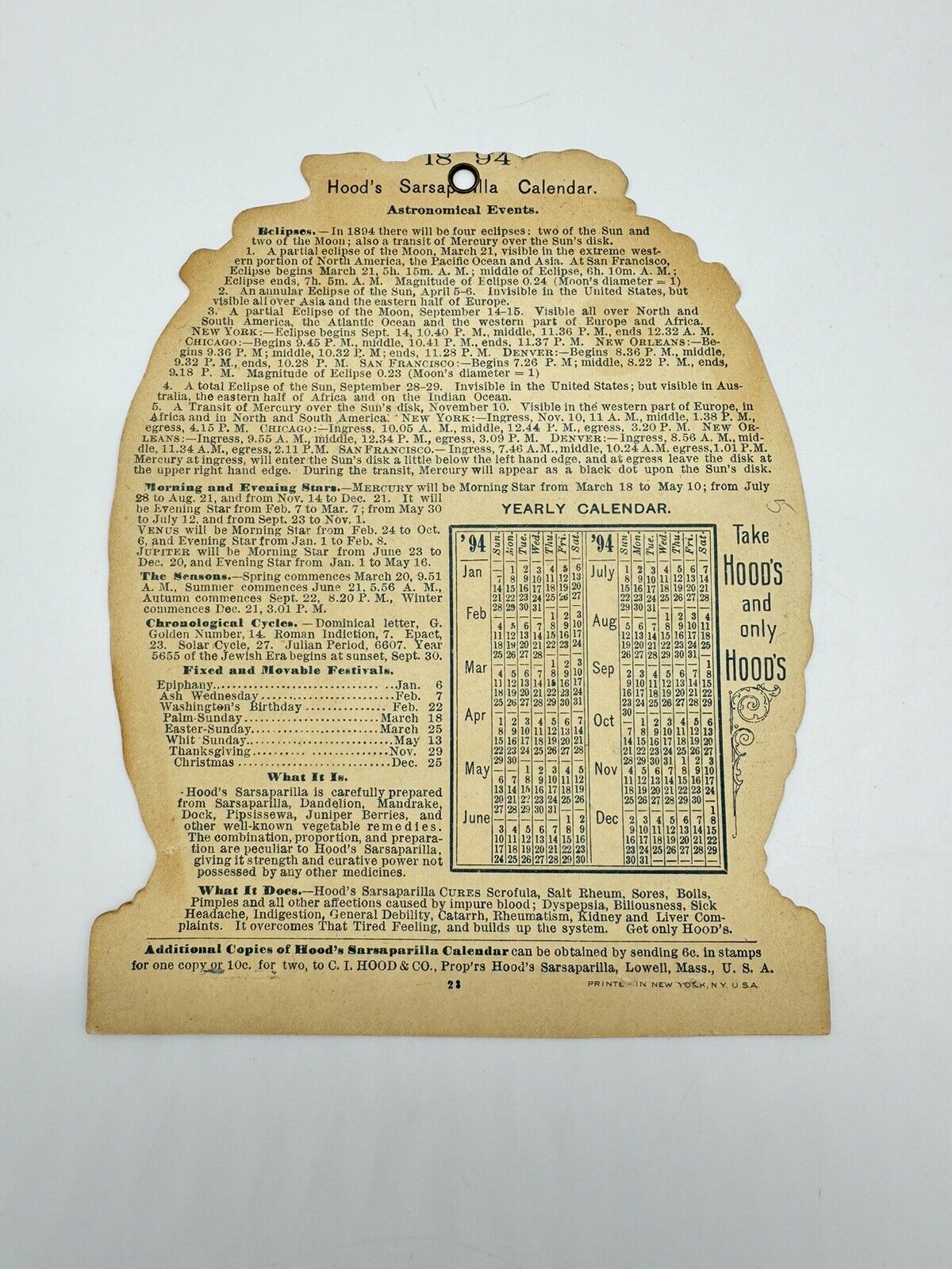 1894 Hood’s Sarsaparilla Calendar Victorian advertising Sweet Sixteen Girl AD