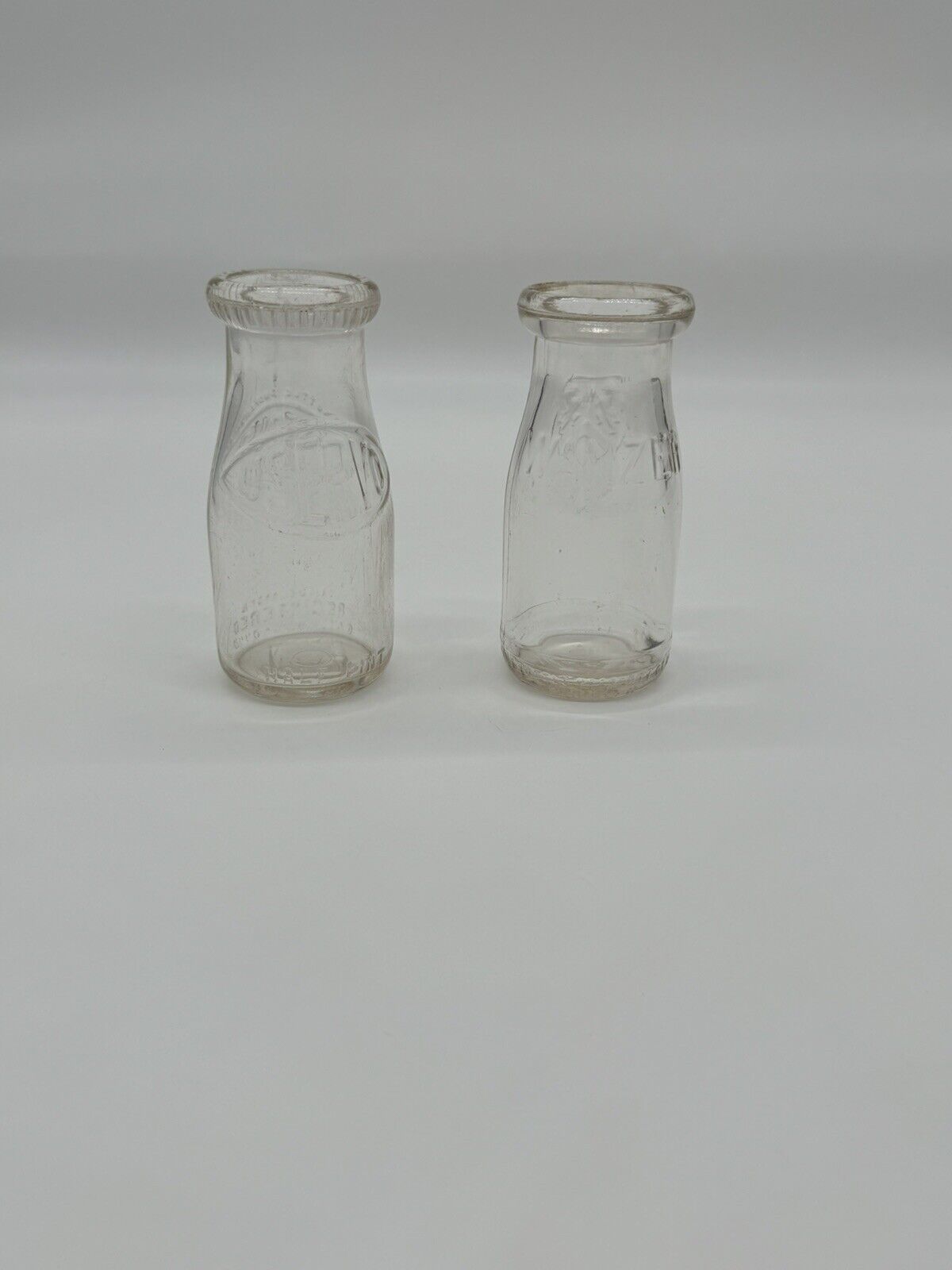 2 Vintage One Quart Glass Milk Bottles Embossed 3 Round