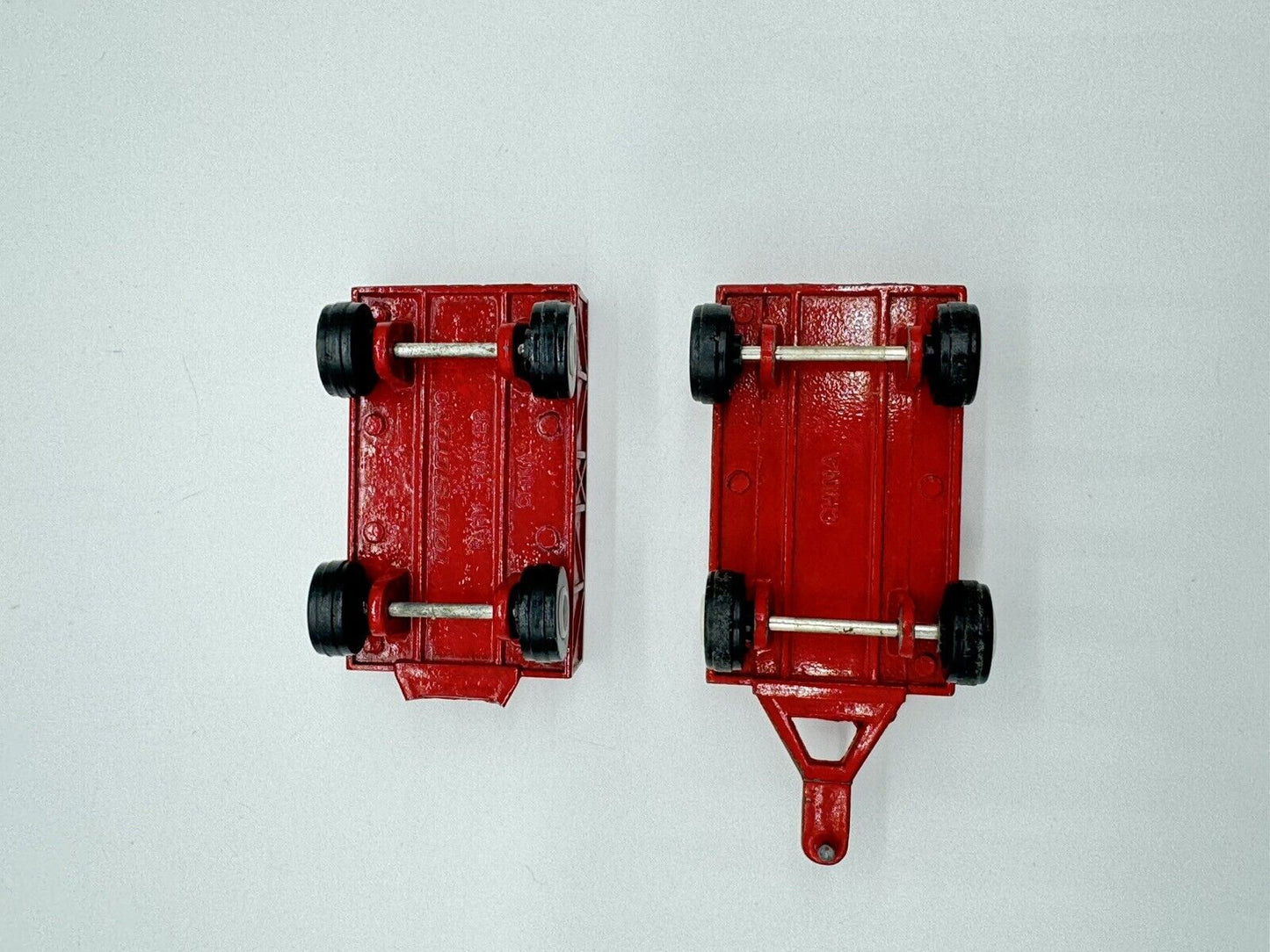 (2) Tootsie Toy Red Farm Trailer Diecast Metal 1/64 ~ One Handle Broken