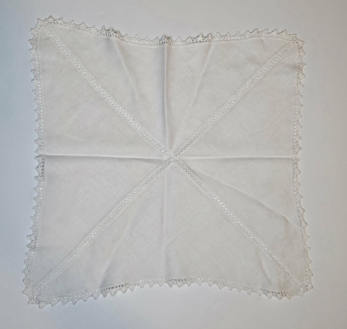 Vintage White Linen Handkerchief Lace Trim Drawnwork Square Hanky