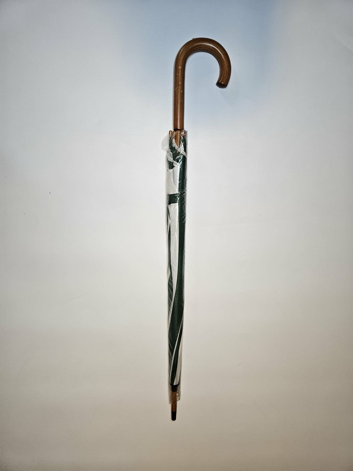 Vintage Green Umbrella Wood Curved Handle Full Length New in Plastic