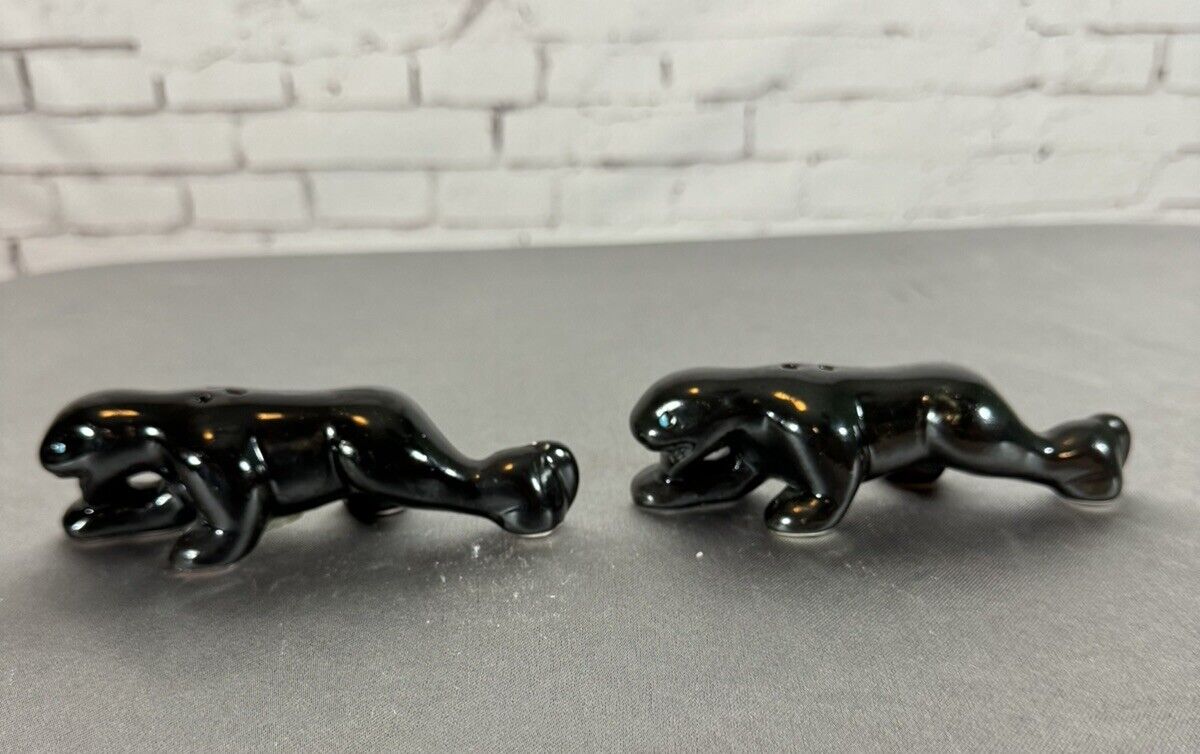 Vintage Artmark Ceramic Salt and Pepper Shakers Black Panthers Blue Eyes 5" TNO