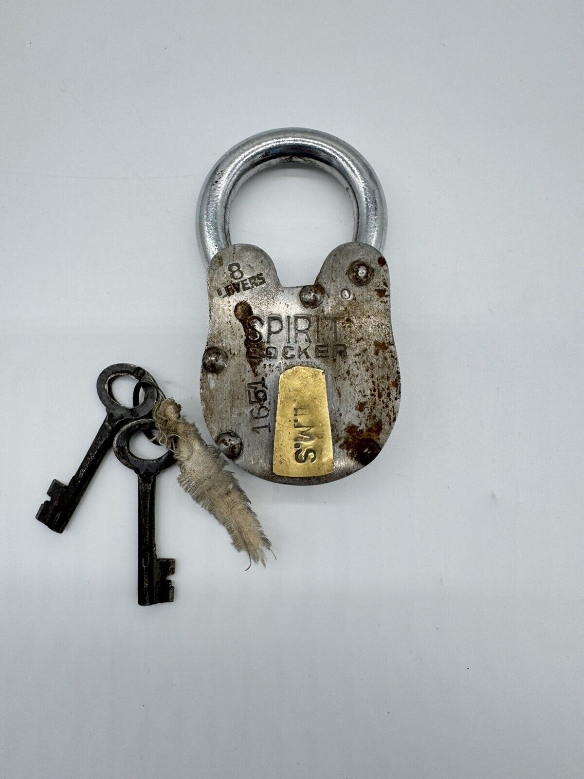 Vintage Iron Lock and Keys w/ Brass Keyhole Cover - Silver - Spirit Locker FNF