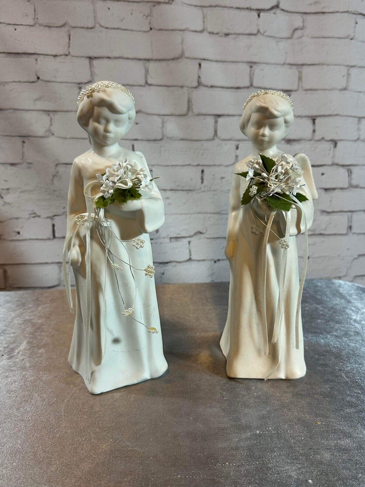 2 White Ceramic Bisque Angel Night Table Light Deco 10” Halo Lighted Flowers VFG