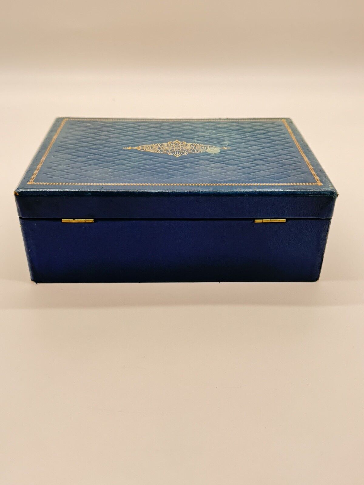 Blue Vintage Jewelry Box - Brass Latch - Leatherette Exterior - Velvet Interior