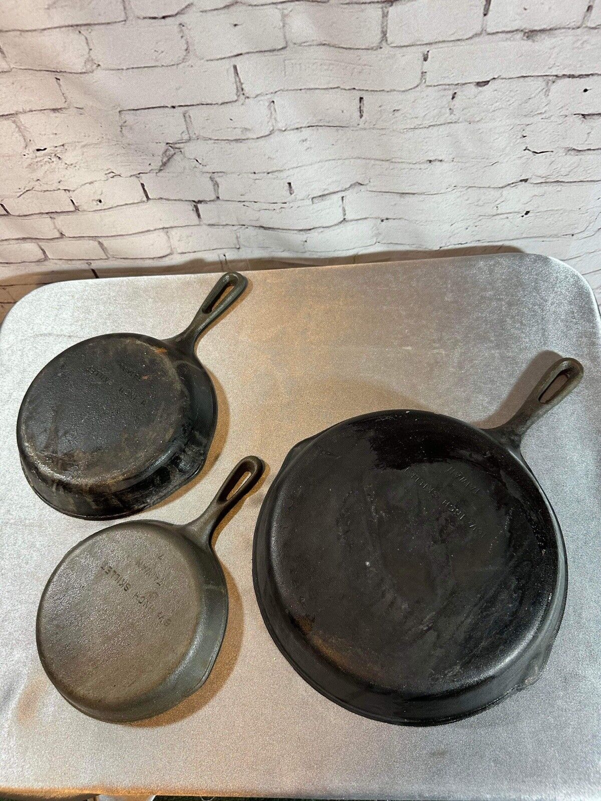3 VINTAGE CAST IRON SKILLETS 6.5, 8 & 10 INCH