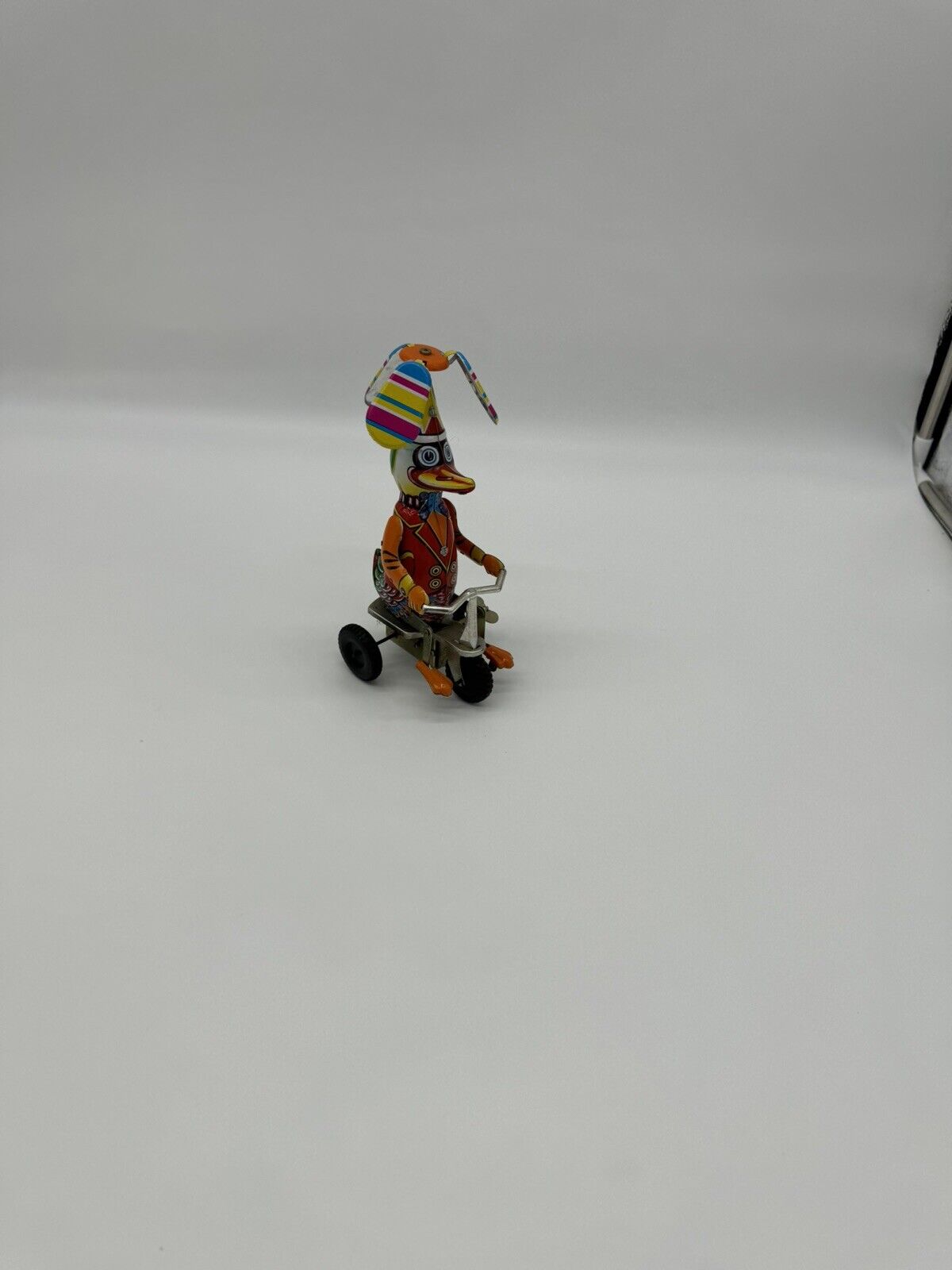 Vintage Tin Duck On A Bike Mechanical Wind Up Toy Works Great!!