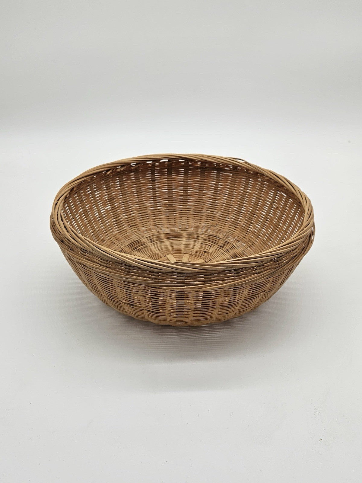 Vintage Dark Hand-Woven Wicker Rattan 11-1/2” Round Sewing Basket with Lid