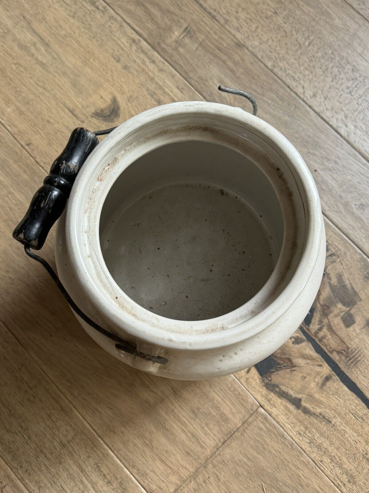 Antique Stoneware Pottery Crock with Lid, Salt Glaze, Metal and Wood Handle