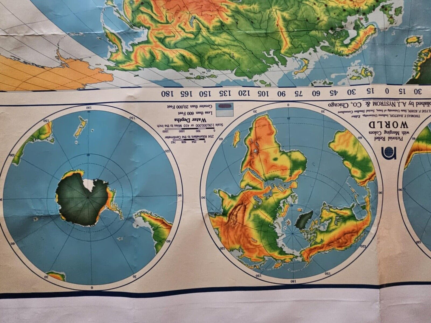 1960 A.J. Nystrom Pictorial Relief Map of the World with merging colors PR98