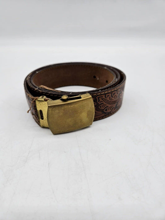 Vintage Western Leather Belt 2'' Tool Floral Coffee & Brass Belt Buckle