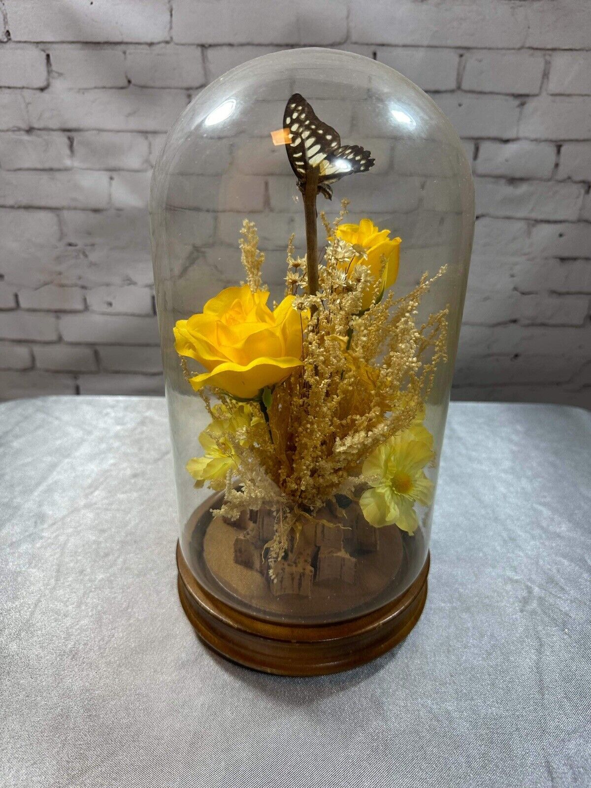 Vintage 1970s Glass Dome Taxidermy BUTTERFLIES & FLORAL Display Terrarium VHD