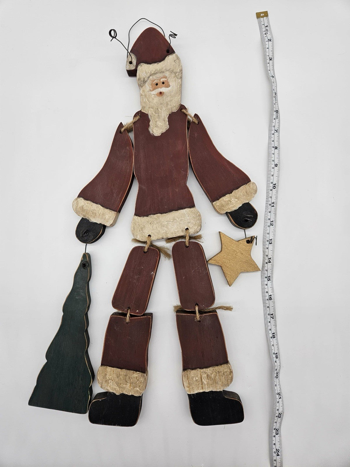 VTG Primitive Folk Art Large Wood Wire Hanging Santa Tree & Star Christmas Decor