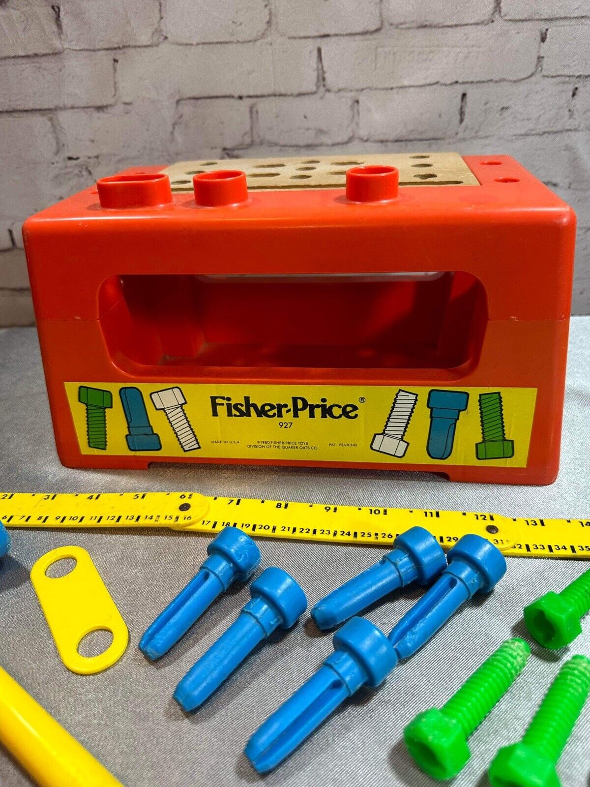 Fisher Price # 927 Wood Plastic Work Bench With Tools Ruler Hammer 1980 VTY FNF
