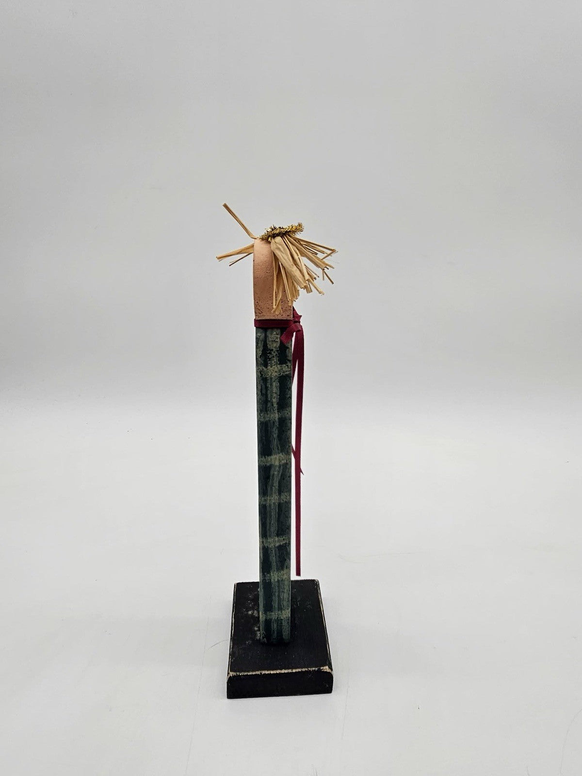 Primitive Folk Art Angel Wood Figurine Plaid Dress Straw Hair