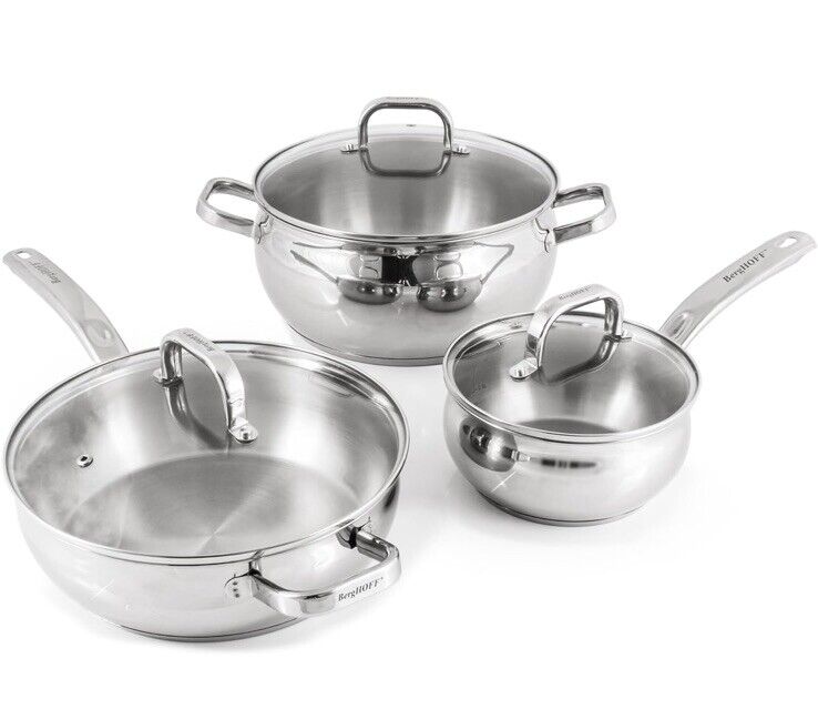 BergHOFF Belly Shape 18/10 Stainless Steel 12Pc Cookware Set, Glass Lids