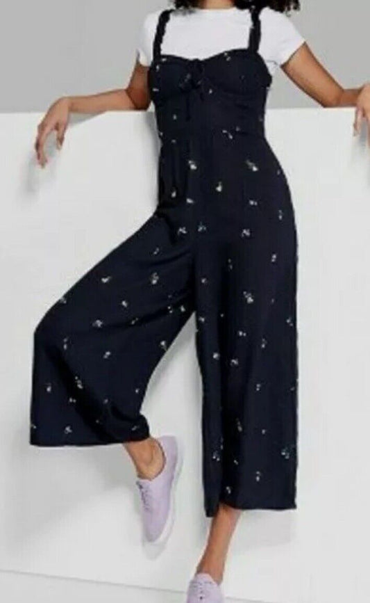 WOMENS FLORAL SLEEVELESS CROPPED PANT SIDE ZIPPER MOLDED CUP JUMPSUIT, BLACK