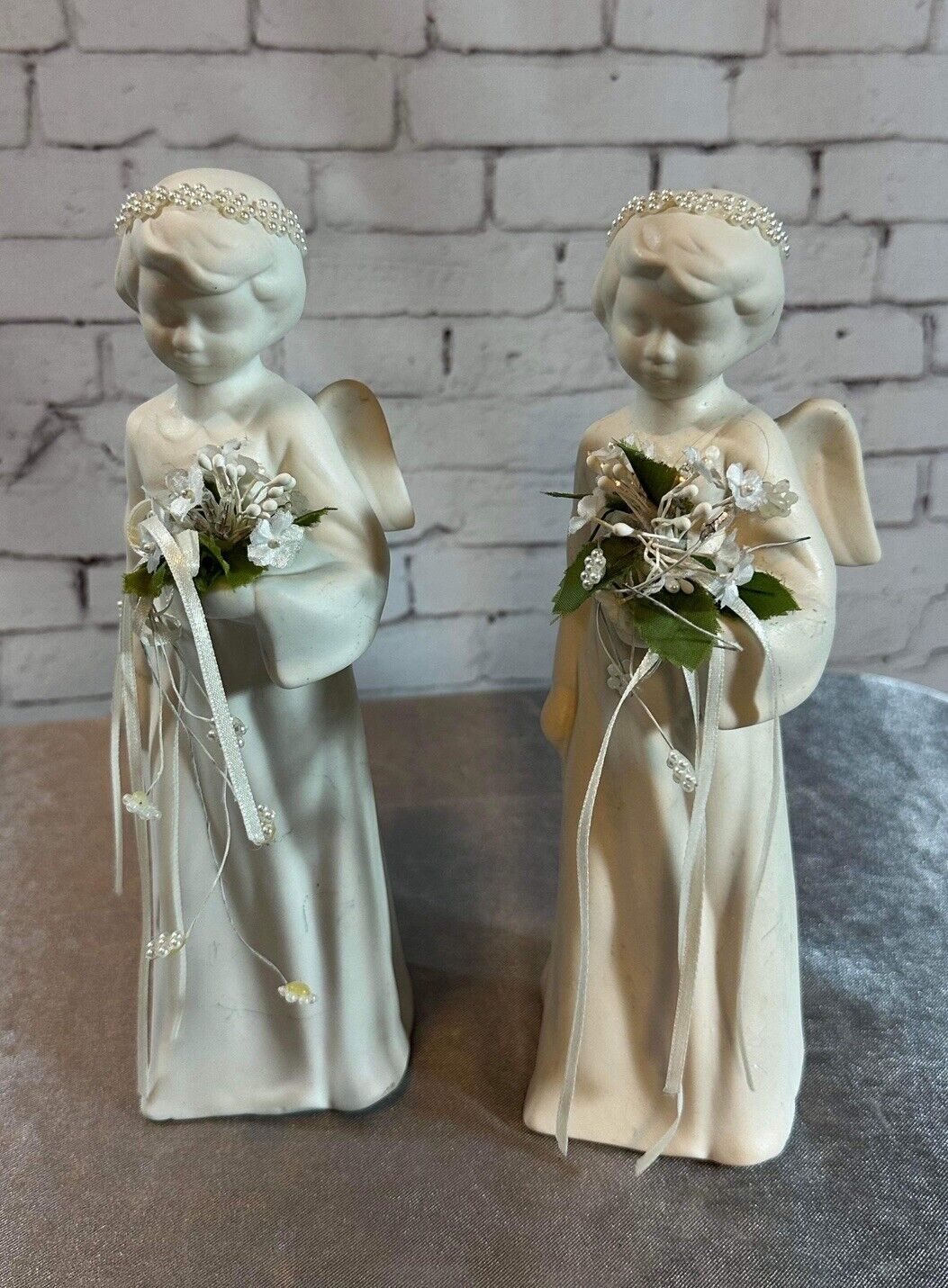 2 White Ceramic Bisque Angel Night Table Light Deco 10” Halo Lighted Flowers VFG