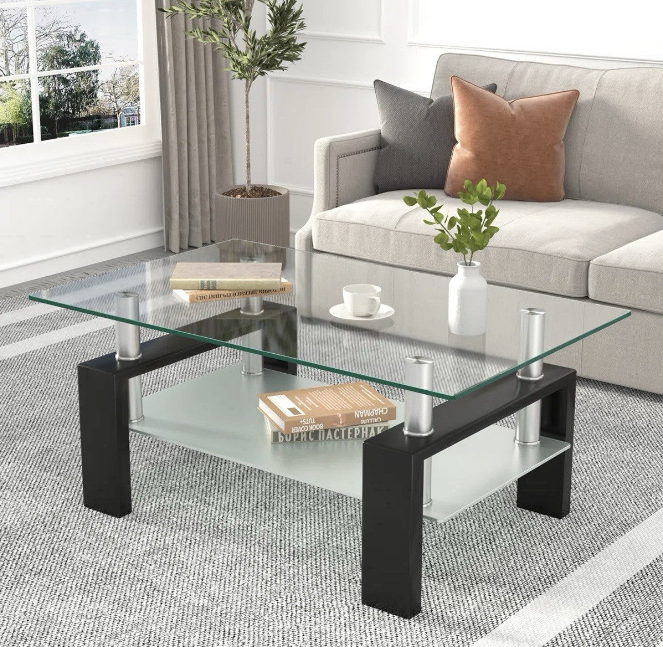 2-Tier Glass Coffee Table Living Room w/ Storage Shelves Tea Table Living Room