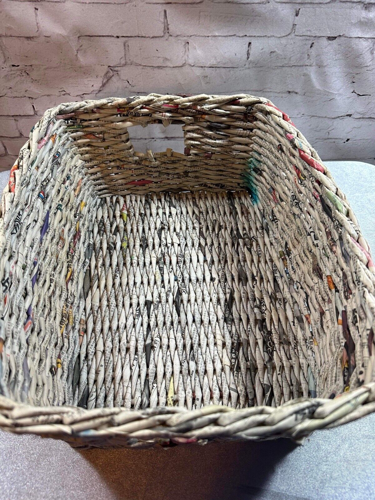 Basket Made from Chinese Newspapers with Integrated Handles, 12" x 9” x 5” TNO