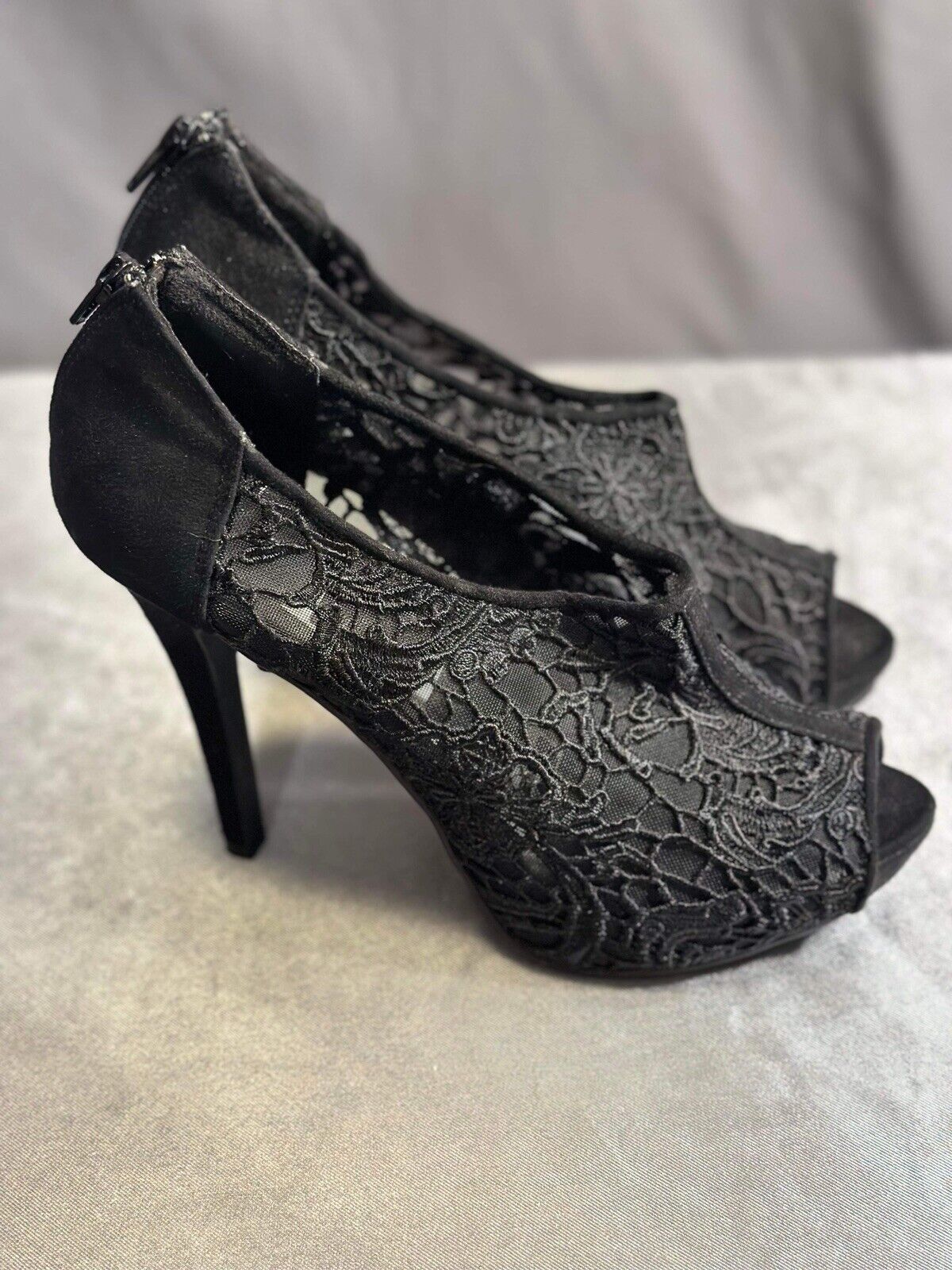 ELLE Women BLACK Suede & Lace Zip Back Open Toe High Pumps Shoes Sz 9 WCLTH