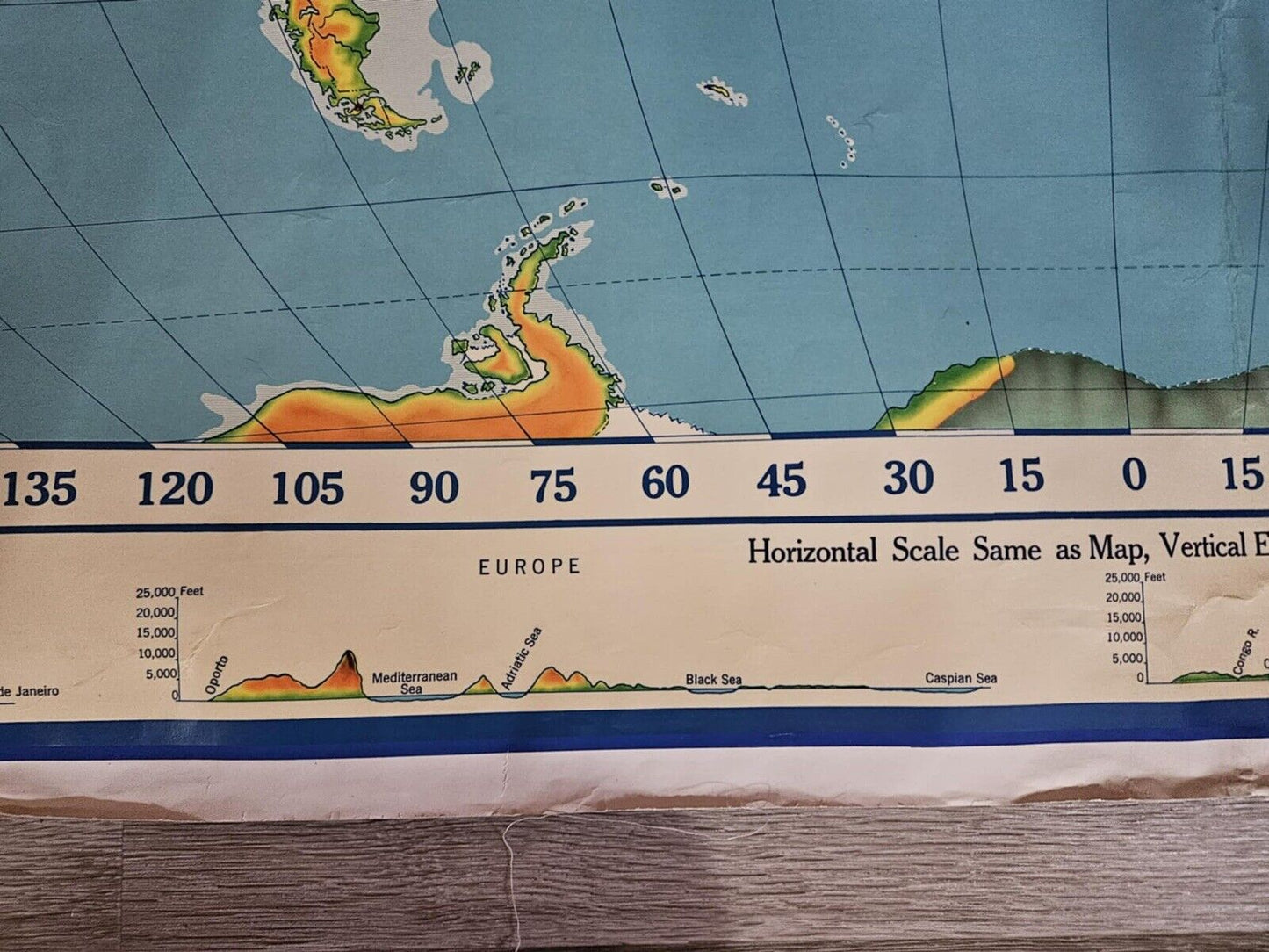 1960 A.J. Nystrom Pictorial Relief Map of the World with merging colors PR98