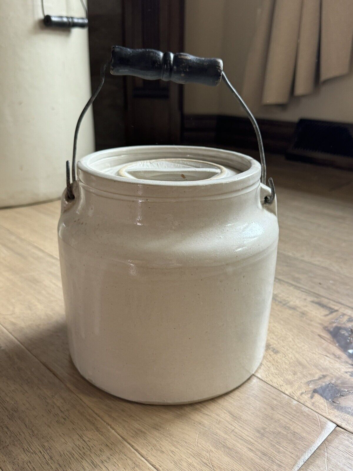 Antique Stoneware Pottery Crock with Lid, Salt Glaze, Metal and Wood Handle