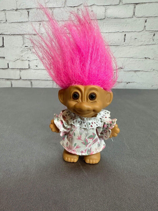 Vintage Russ Troll Doll Wearing Floral Dress With Pink Hair VTY