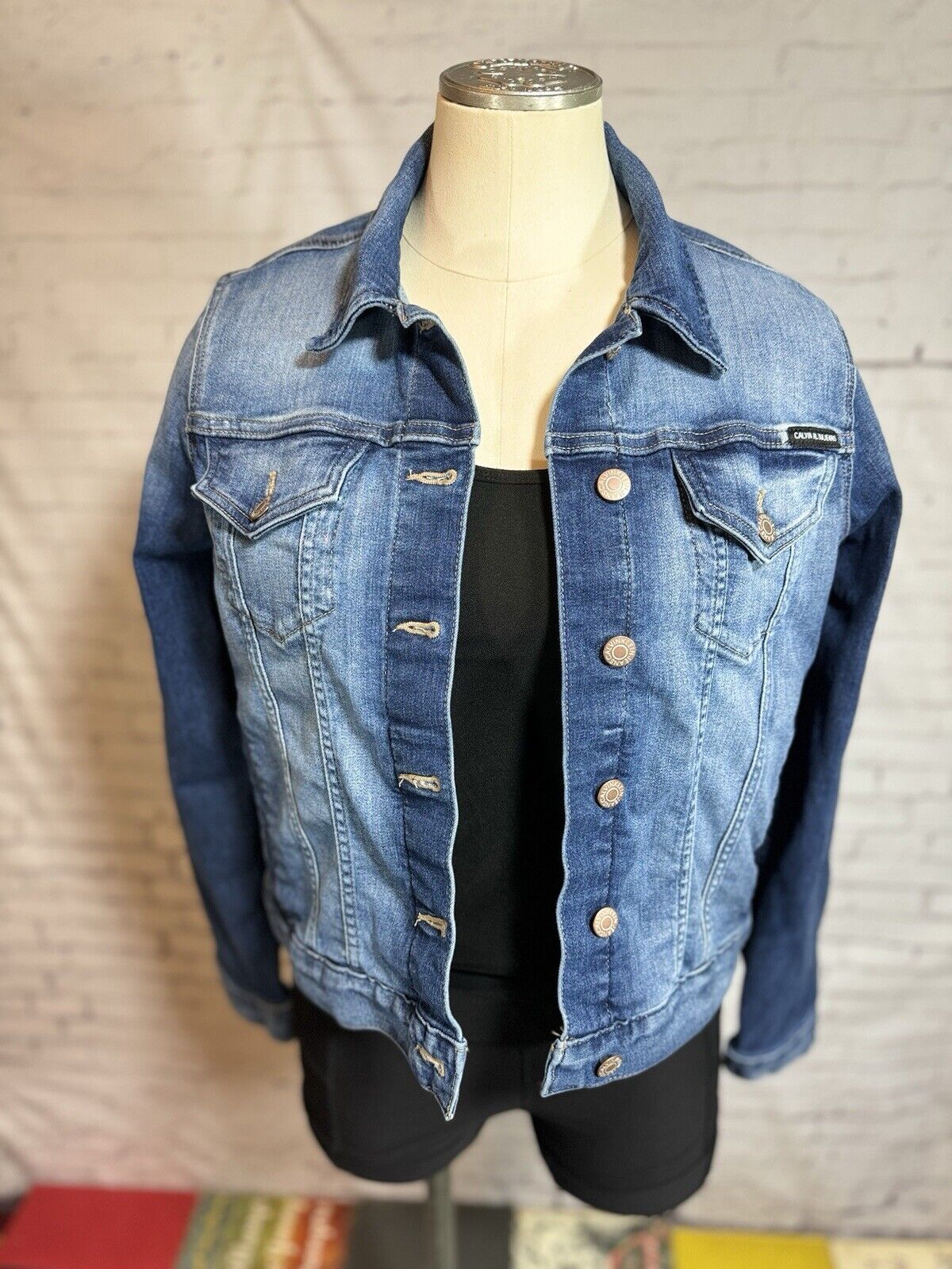 SZ SMALL Calvin Klein Jeans Jacket Women's Blue Denim Trucker Stretch WCLTH 001